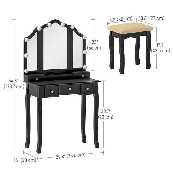 Coiffeuse avec tabouret, 10 lumières LED, 5 tiroirs et 3 compartiments, noir