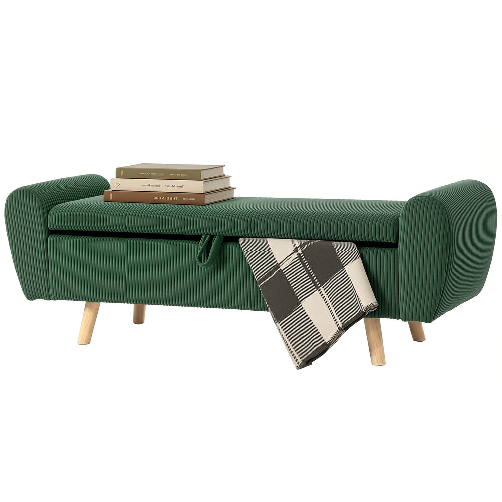 Storage Ottoman, 59" Corduroy End of Bed Storage Bench for King Size Bed with Wooden Legs and Rolled Arms, Dark Green
