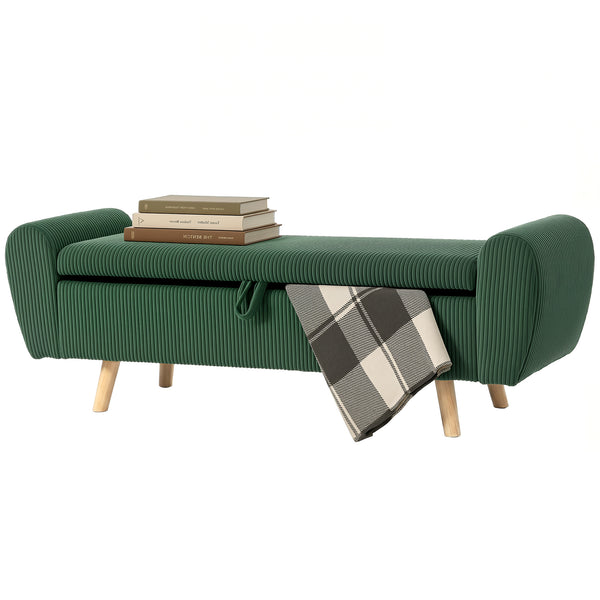 Banc de rangement 59 po en velours côtelé, vert foncé