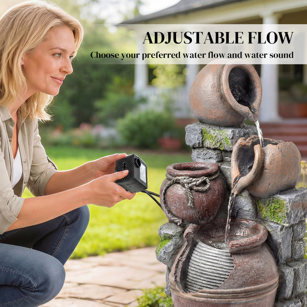 Fontaine d'extérieur avec pot rustique à 4 niveaux, éclairage LED et débit réglable.