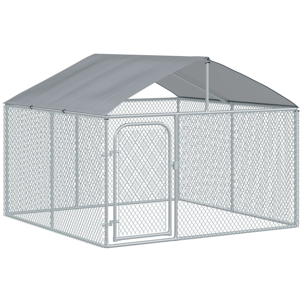PawHut Dog Kennel Outdoor Run Fence with Roof, Steel Lock, Mesh Sidewalls for Backyard &amp; Patio, 7.5' x 7.5' x 5.7', Silver |