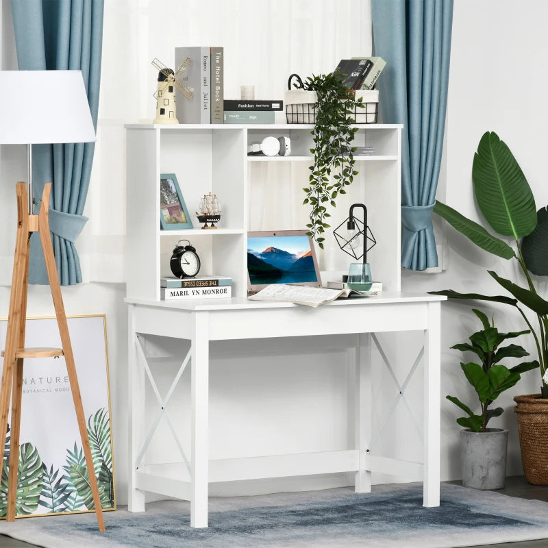 Bureau d'ordinateur avec rangements et compartiments ouverts, blanc