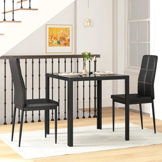 Ensemble de tables et chaises en verre avec structure en métal et revêtement en similicuir pour salle à manger, noir