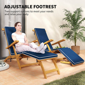 Chaise longue pliante avec coussin rembourré, inclinable en bois d'acacia avec repose-pieds pour jardin, bleu marine