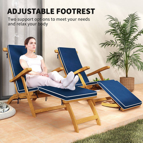 Chaise longue pliante avec coussin rembourré, inclinable en bois d'acacia avec repose-pieds pour jardin, bleu marine