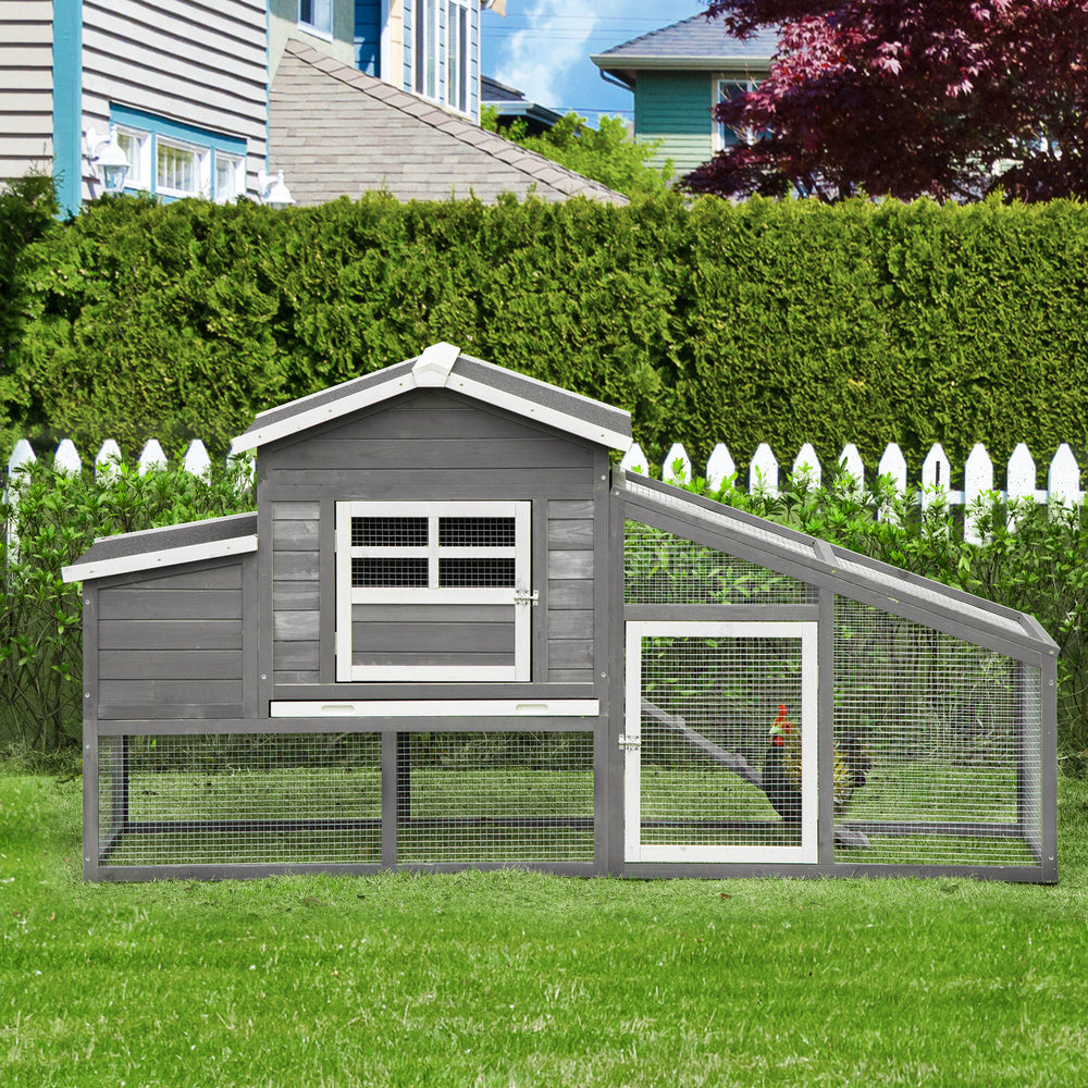 Poulailler en bois avec plateau amovible, pondoir, enclos et rampe, gris
