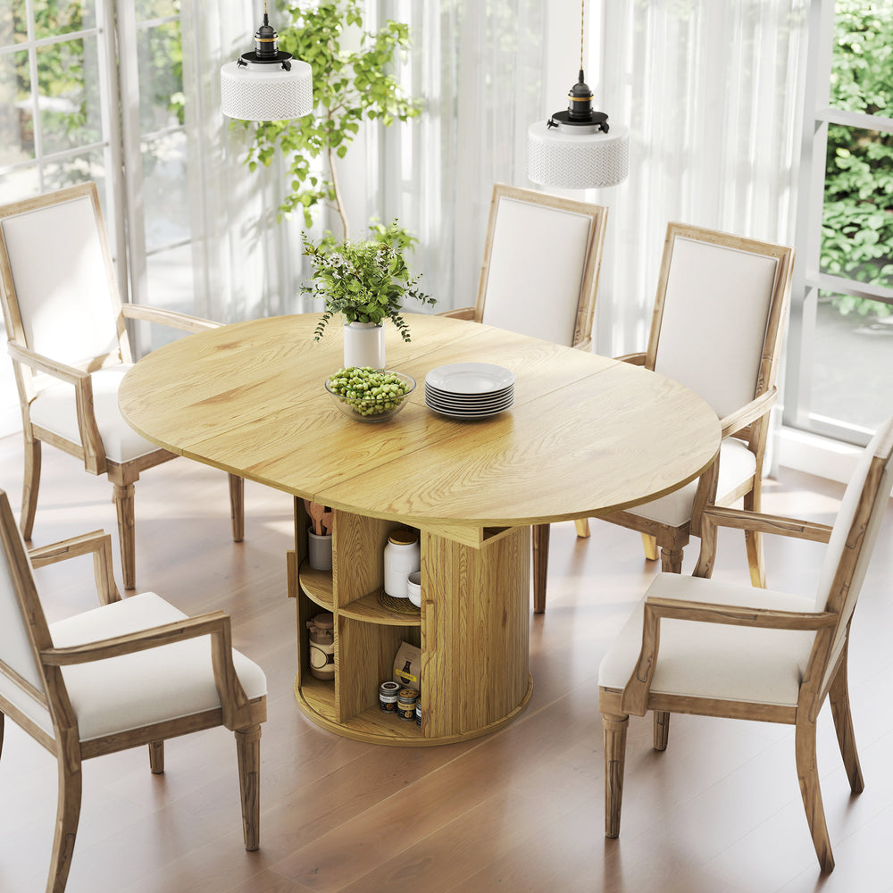 Extendable Dining Table for 6, 60" Farmhouse Kitchen Table with 2-Tier Storage Shelf and Fluted Sliding Doors, Natural