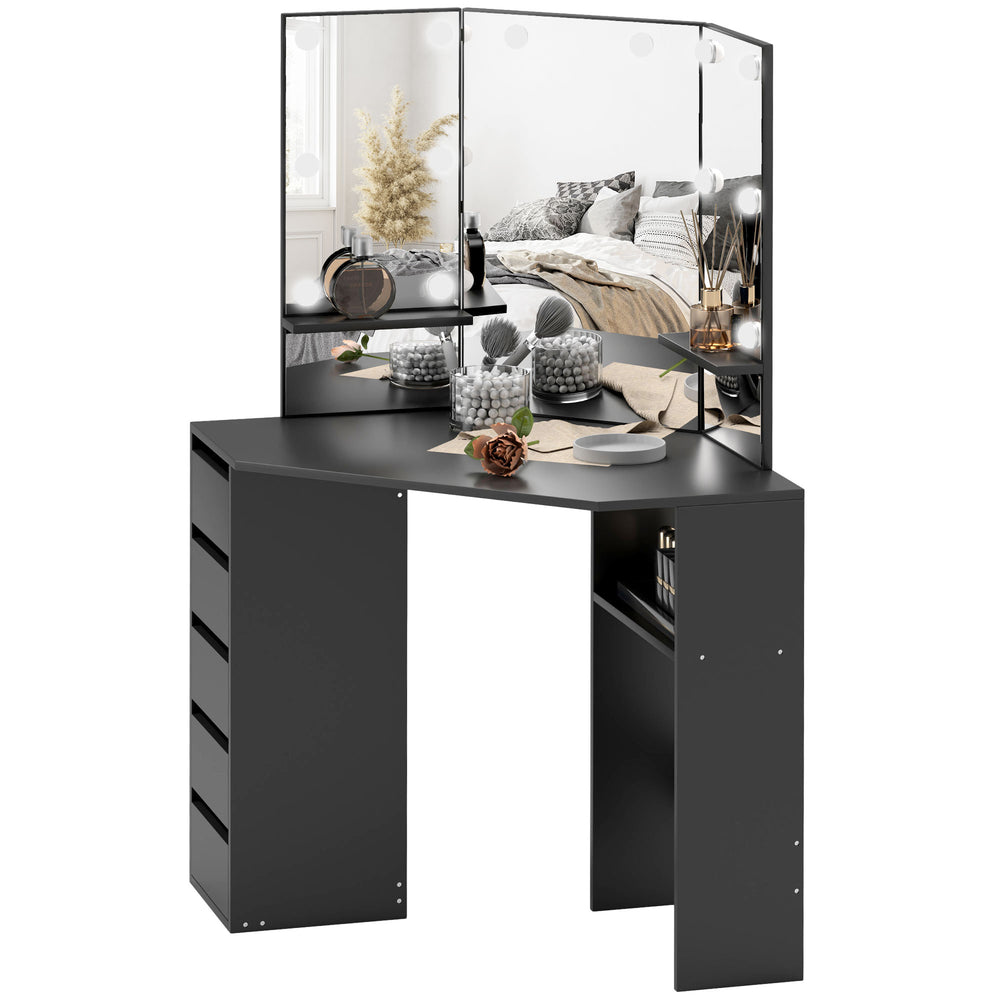 Coiffeuse avec miroir à 3 panneaux et 10 lumières LED, noire