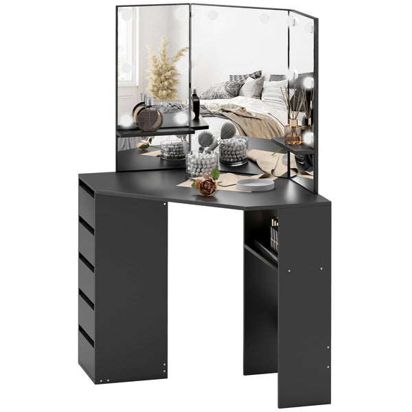 Coiffeuse avec miroir à 3 panneaux et 10 lumières LED, noire