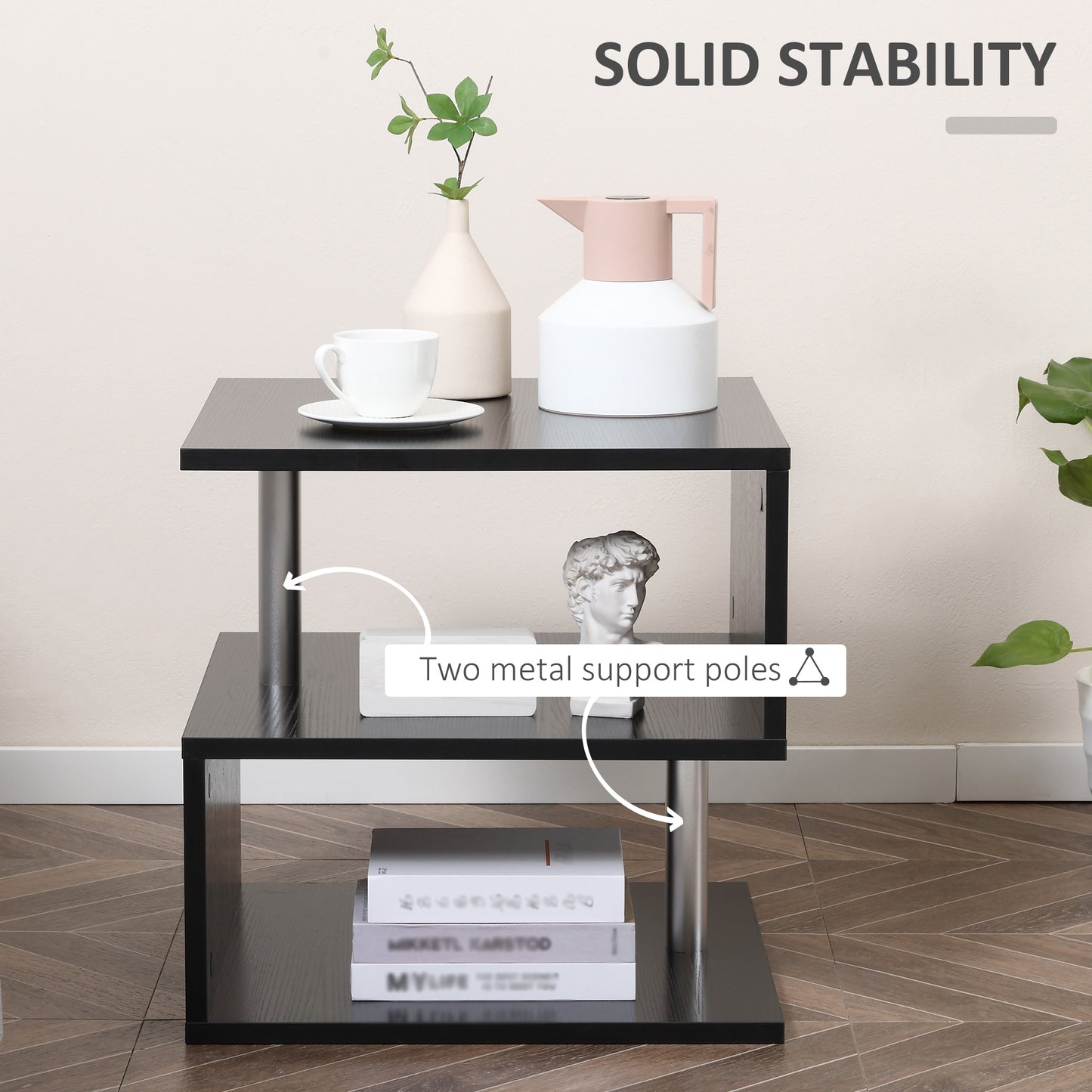 Table d'appoint en bois en forme de S avec 3 étagères de rangement, noir