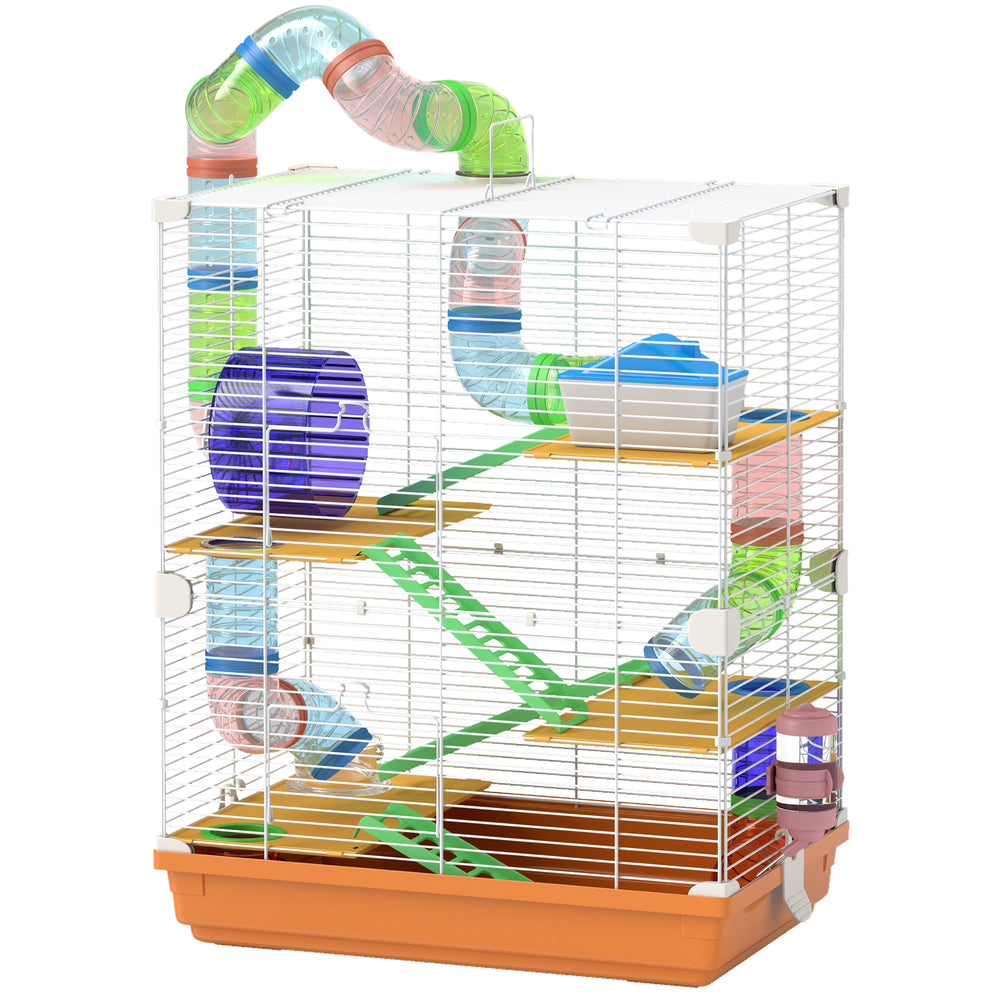 Cage pour hamster portable à 5 niveaux avec roues d'exercice, tube de jeu, bouteille d'eau, gamelle, échelle pour gerbilles, orange