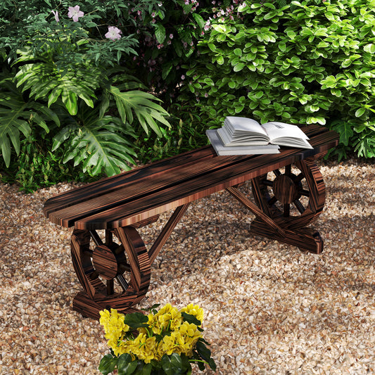 Banc de jardin en bois avec pieds en forme de roue de chariot, carbonisé