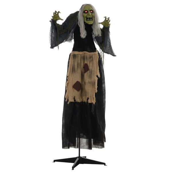 Sorcière bossue animée d’Halloween de 63 po avec yeux DEL rouges, sons et mouvements – gris et noir