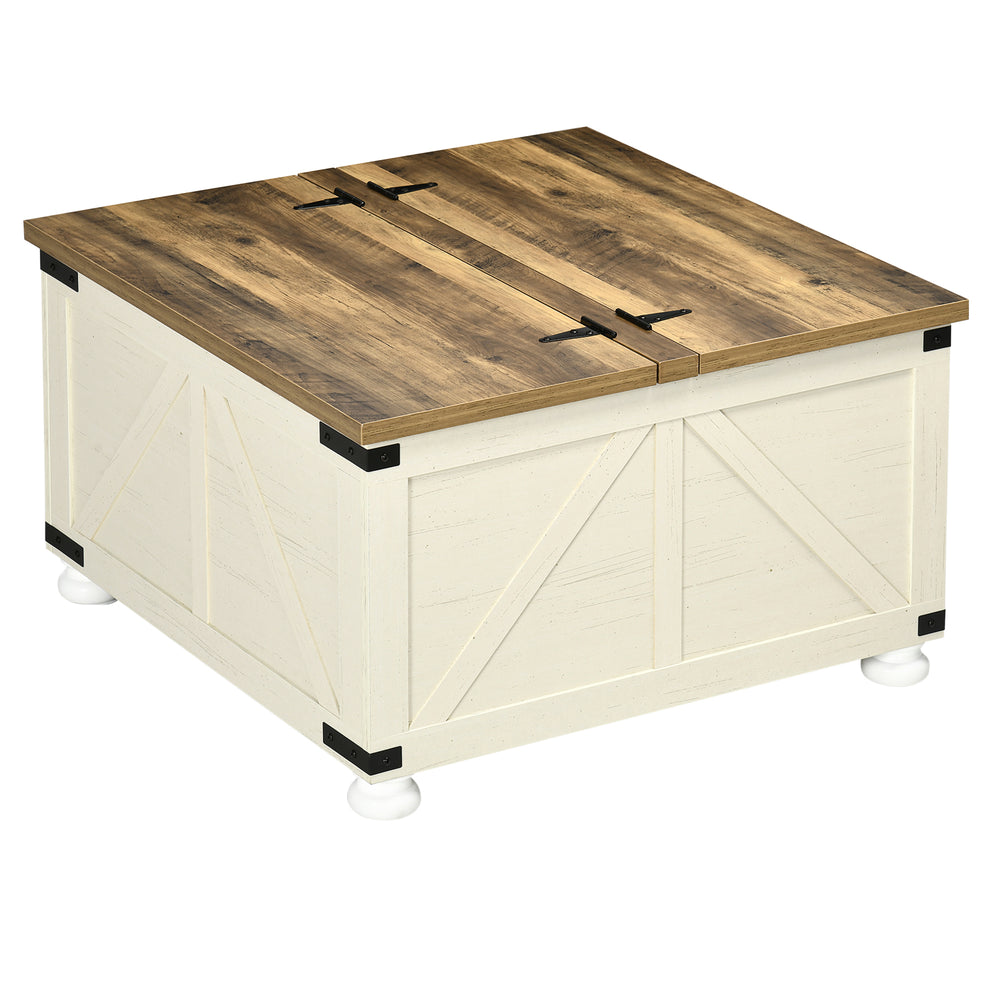 Table basse de style farmhouse avec couvercles rabattables, blanc antique