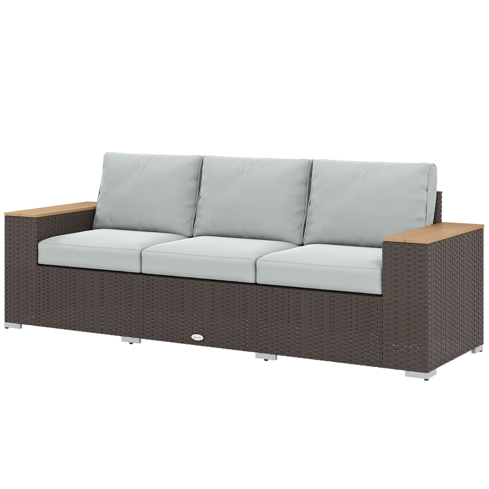 3-Seater Outdoor Sofa Couch, Wicker Patio Sofa with Wood Effect Armrests and Thick Cushions, Grey
