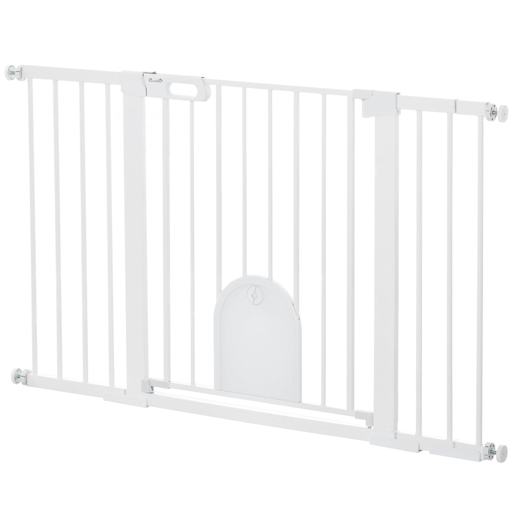 Extra-wide safety gate with small door, white