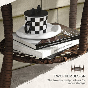 Table de salle à manger d'extérieur en rotin avec étagère de rangement à 2 niveaux, marron