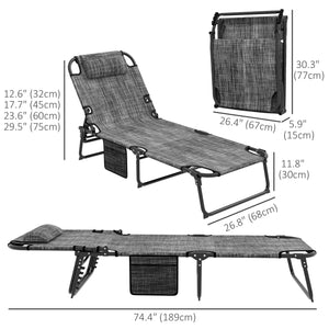 Lot de 2 Chaises longues pliantes, dossier réglable, fauteuil de bronzage avec coussin, poche latérale, appui-tête, gris