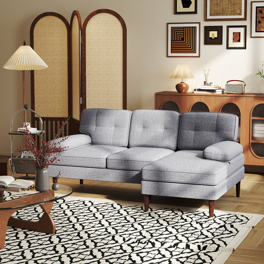 Modern corner sofa with chaise longue with wooden legs for living room, gray