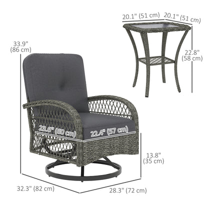 Ensemble de jardin 3 pièces en osier avec 2 fauteuils pivotants à bascule et une table basse en verre à deux niveaux, gris