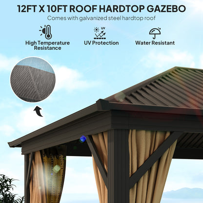 Gazebo 10' x 12' avec toit rigide en métal et cadre en aluminium, filets en maille, marron