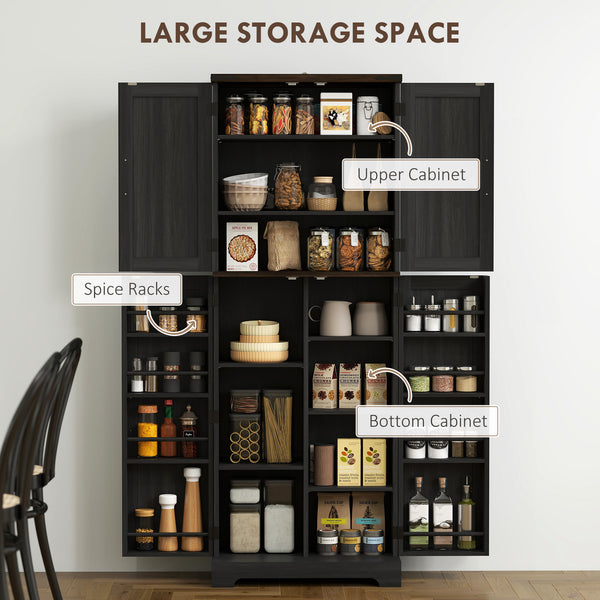 Armoire de cuisine avec étagères à épices et étagères réglables, finition bois noir.