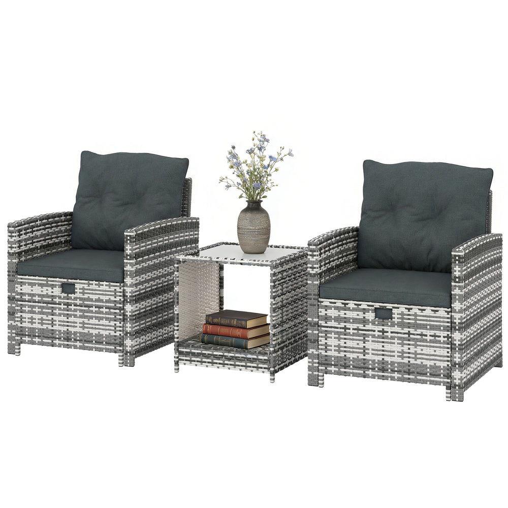 5 Piece Patio Furniture Set, Wicker Patio Chairs with Ottomans, 2-Tier Glass Coffee Table and Cushions, Grey/Dark Grey