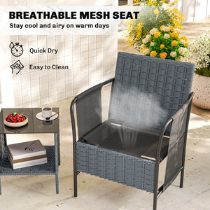 Ensemble de mobilier de jardin 3 pièces en résine tressée, poches latérales, assise en filet, table en verre à 2 niveaux, coussins, gris