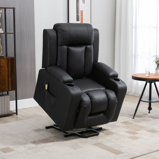 Fauteuil releveur électrique, fauteuil inclinable en cuir PU avec repose-pieds, télécommande, poches latérales et porte-gobelets, noir