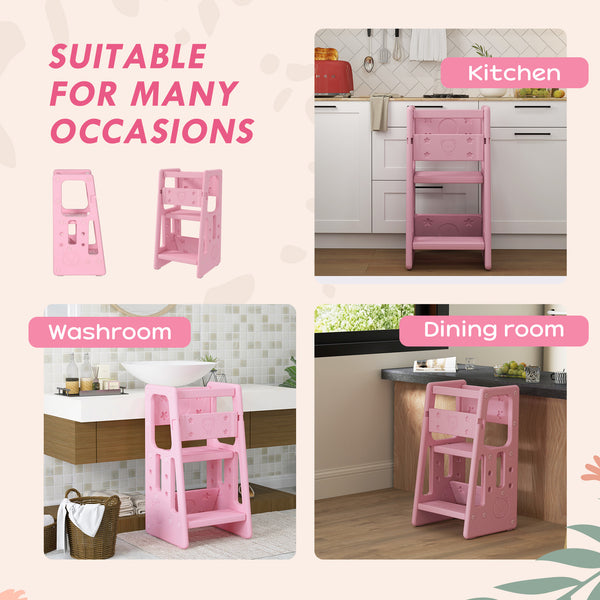Tabouret de cuisine pour tout-petits avec 2 marches et plateforme réglable, rose