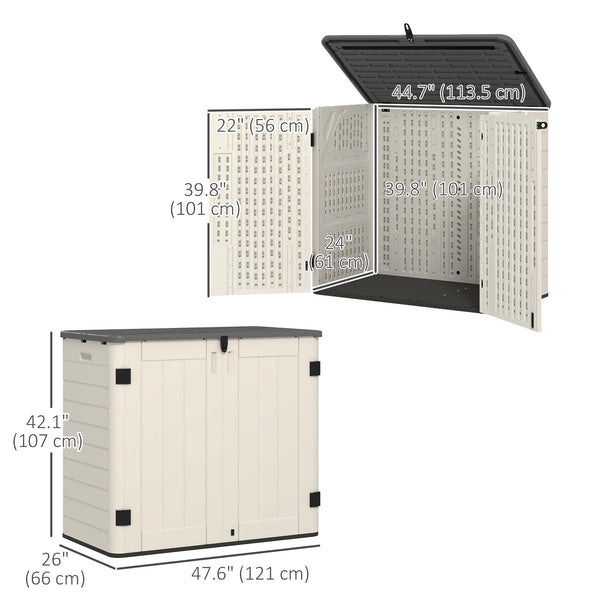 Outdoor storage cabinet with hinged lid and lockable doors