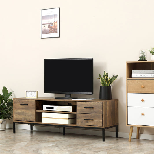 Meuble TV pour écran jusqu’à 50 pouces avec porte latérale, espace de rangement ouvert et tiroirs intégrés, parfait pour un salon organisé.