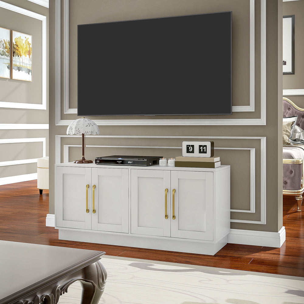 Meuble TV blanc pour écran jusqu’à 55 pouces, doté de 4 portes à charnières souples, 4 trous passe-câbles et 2 étagères réglables, idéal pour salon moderne.
