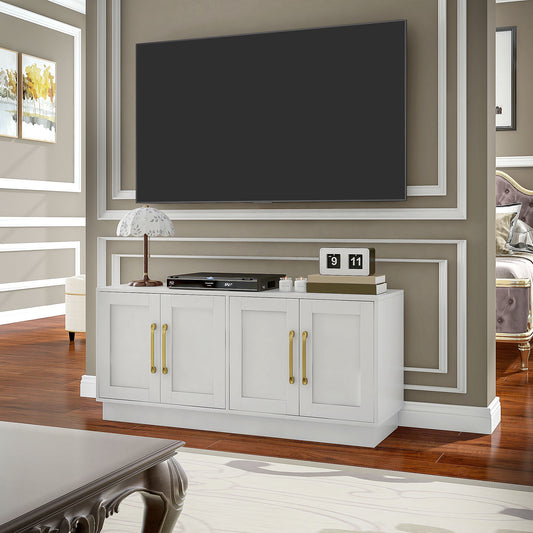 Meuble TV blanc pour écran jusqu’à 55 pouces, doté de 4 portes à charnières souples, 4 trous passe-câbles et 2 étagères réglables, idéal pour salon moderne.