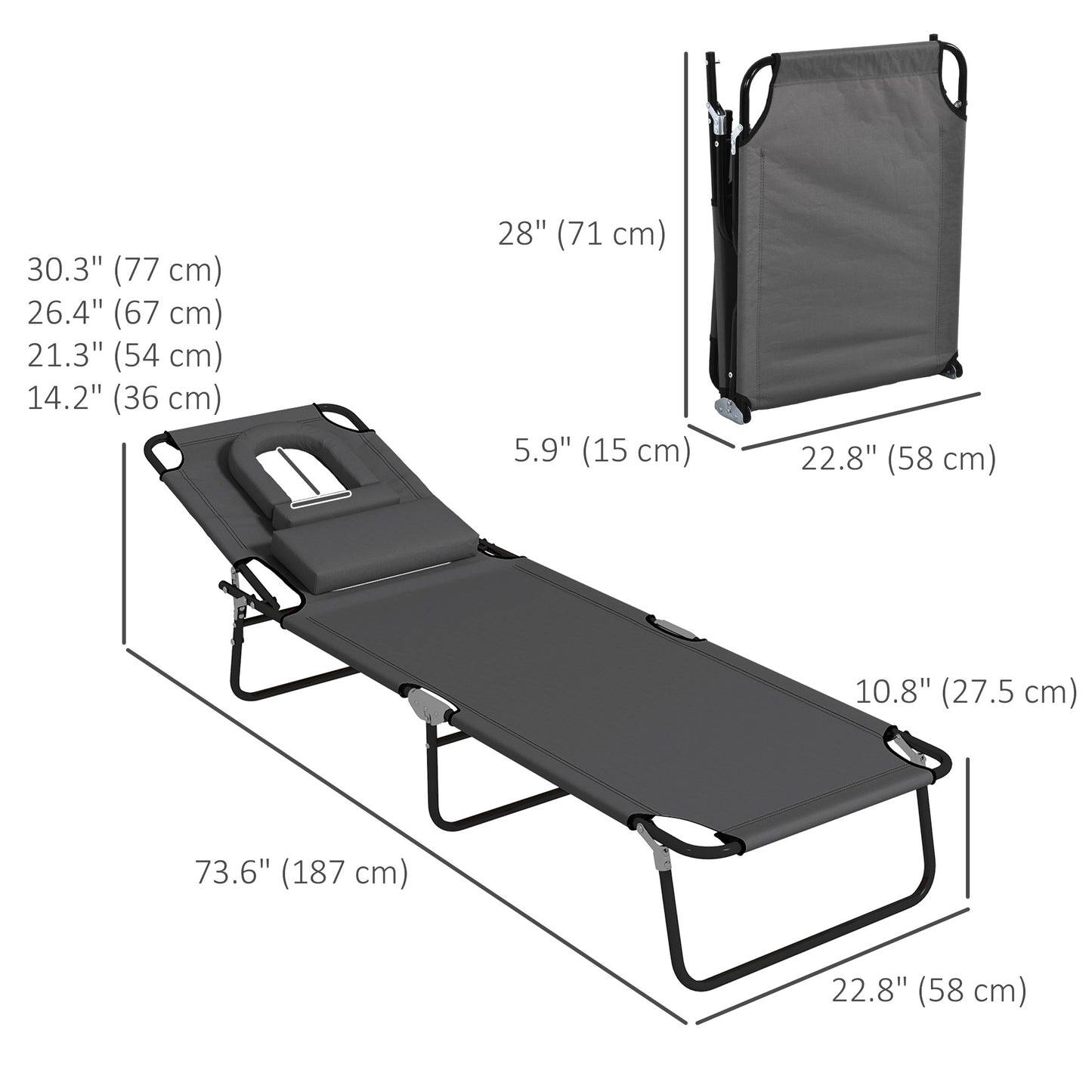 Lot de 2 chaises longues d'extérieur réglables avec trou pour le visage, siège inclinable pour bronzage, gris