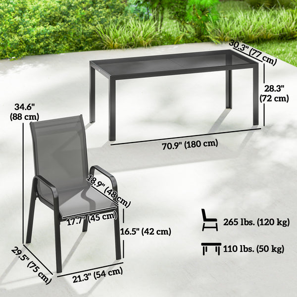 Ensemble de patio 9 pièces avec chaises empilables, plateau en verre pour jardin, terrasse, cour, gris foncé