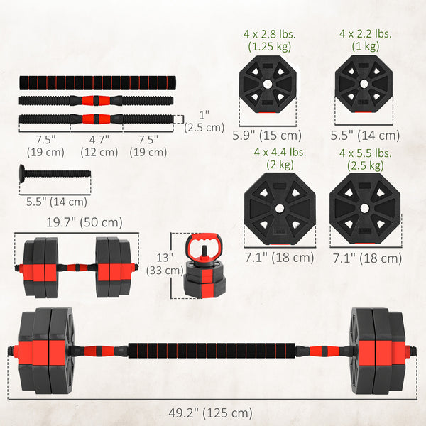 Ensemble d’haltères ajustables 6 en 1 de 66 lb avec barre, kettlebell et supports à pompes