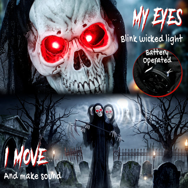 Faucheur animé d’Halloween de 6 pi avec faux, yeux DEL rouges, sons et mouvements – Noir