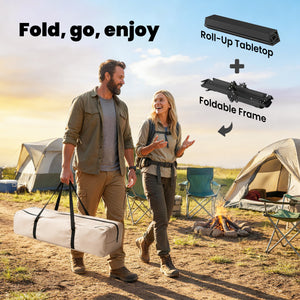 Table de camping pliante imperméable avec plateau enroulable et structure en métal, noire