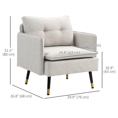 Fauteuil d'appoint moderne rembourré avec coussin de dossier capitonné et pieds en acier pour salon, blanc crème