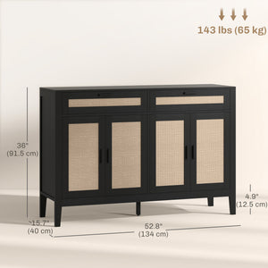 Buffet de style bohème, avec portes et tiroirs décoratifs en rotin, noir.
