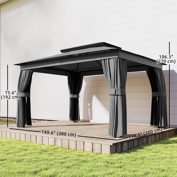 10' x 12.5' Outdoor Gazebo with Curtains and Netting, Double Roof Metal Patio Gazebo Canopy Shelter with Hook, Dark Grey