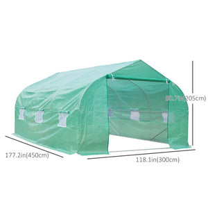 Serre tunnel de jardin avec porte enroulable et 6 fenêtres grillagées, structure en acier, verte