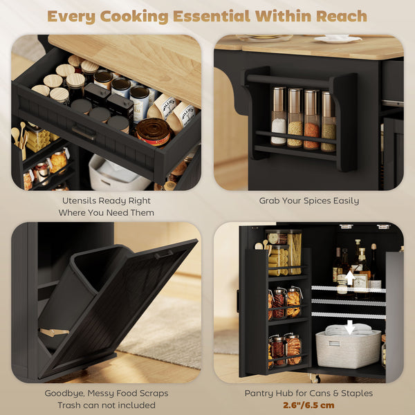 Portable kitchen island with charging station, fold-down rubberwood tabletop, waste storage, black