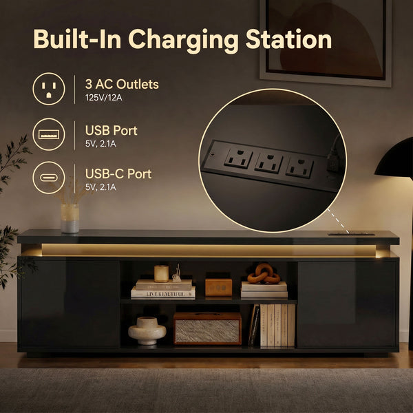 Meuble pour téléviseurs jusqu'à 60 pouces avec éclairage LED et prises électriques, noir brillant