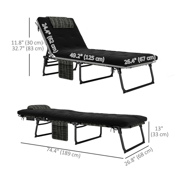 Lot de 2 chaises de bronzage avec coussin, poche latérale, appui-tête, noir