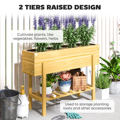 Outsunny Raised Bed with Legs, Raised Planter with Storage Shelf, Garden Deck Covering, Natural Wood