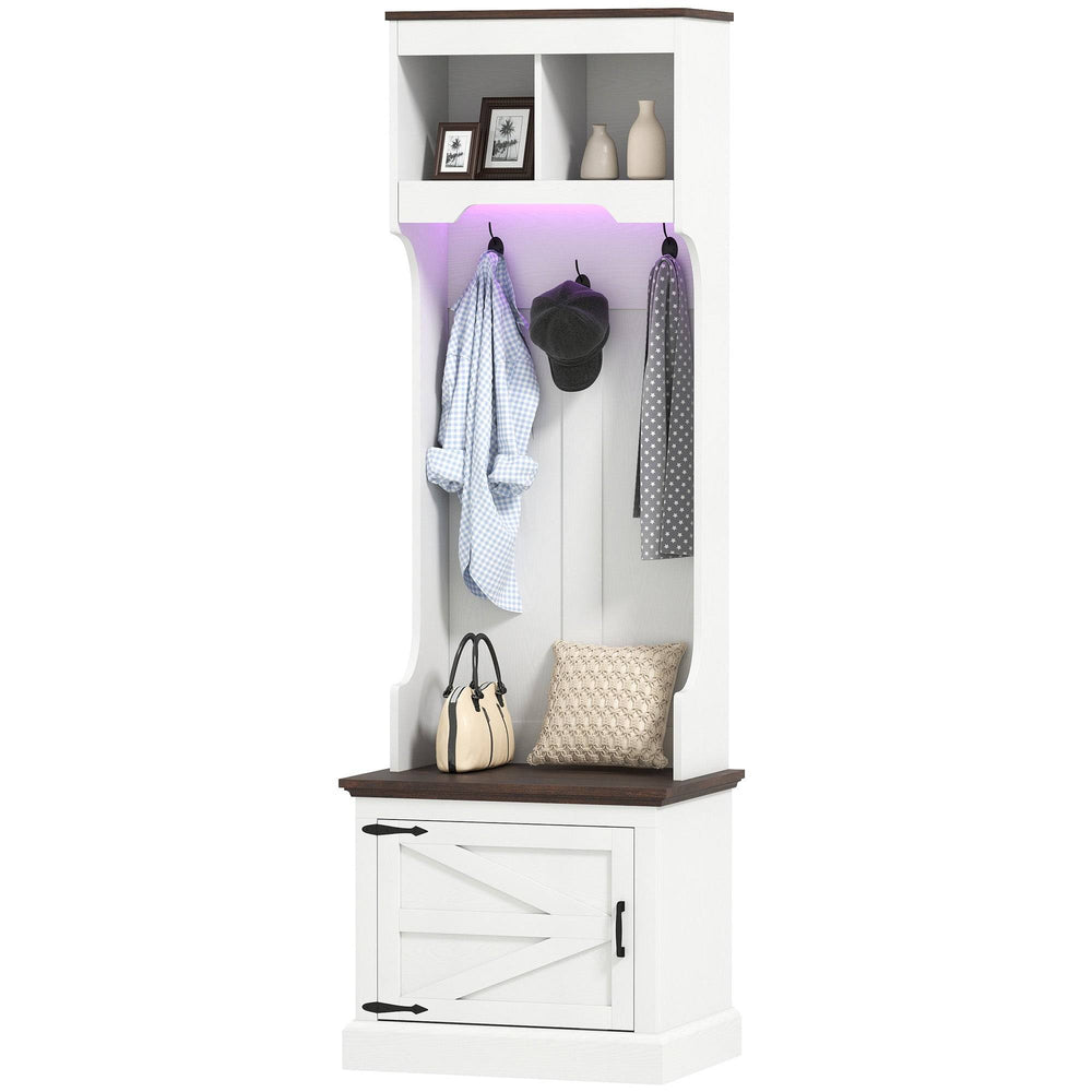 Meuble d'entrée 3 en 1 avec éclairage LED et banc, porte-manteau et rangement pour chaussures, grain de bois blanc