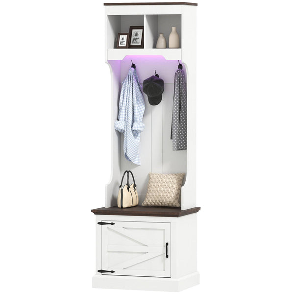Meuble d'entrée 3 en 1 avec éclairage LED et banc, porte-manteau et rangement pour chaussures, grain de bois blanc