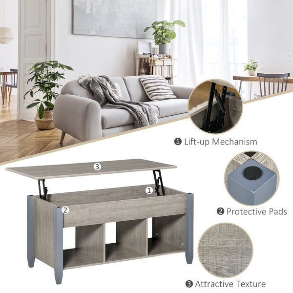 Table basse relevable avec compartiment dissimulé et 3 étagères inférieures gris